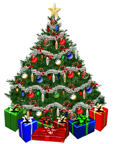 Grote kerstanimatie van een kerstcadeau - Kerstboom met gekleurde lichtjes en kerstcadeaus eronder