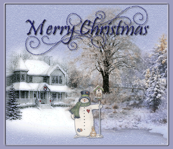 Grote kerstanimatie van een kersthuis - Merry Christmas met een sneeuwpop en een besneeuwd huis in een sneeuwlandschap waar het sneeuwt