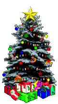 Kleine kerstanimatie van een kerstboom - Kerstboom versierd met gekleurde kerstverlichting en een grote gele ster als piek en onder de boom veel kerstcadeaus