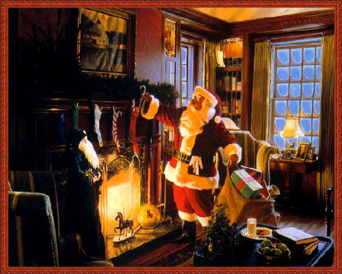 Grote animatie van een schoorsteen - De Kerstman staat bij de open haard en doet kerstcadeaus in de kerstsokken