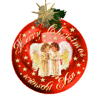 Kleine kerstanimatie van een kerstbal - Rode kerstbal met twee engelen en Merry Christmas