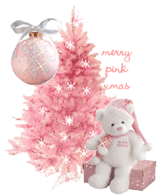 Grote kerstanimatie van een kerstboom - Merry pink xmas met een roze kerstboom, een roze kerstbal en een witte beer met roze kerstmuts