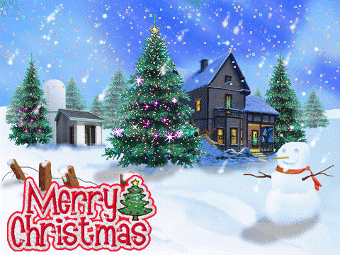 Grote kerstanimatie van een kersthuis - Merry Christmas met een kerstboom met paarse kerstdecoratie in de sneeuw met een huis met een sneeuwpop ervoor