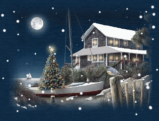 Middelgrote kerst animatie van een kersthuis - Besneeuwd huis met kerstboom bij volle maan in de sneeuw