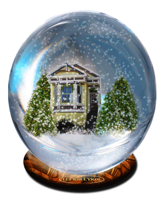 Grote animatie van een sneeuwglobe - Sneeuwglobe met een klein huisje met twee kerstbomen