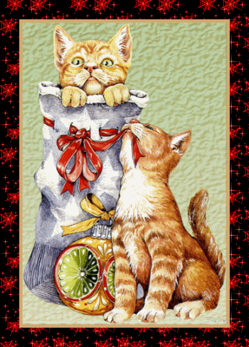 Grote kerstanimatie van een kerstdier - Twee katten met een kerstbal met een gat erin