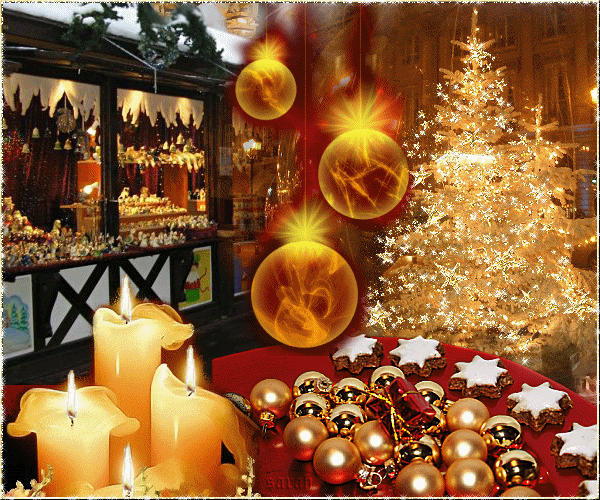 Grote kerstanimatie van een kerstboom - Drie brandende witte kaarsen en een kerstboom in glitterverlichting