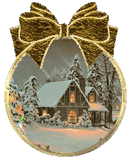 Kleine animatie van een kerstwens - Kerstbal met Merry Christmas en een huis met verlichte kerstboom in een sneeuwlandschap