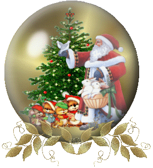 Grote animatie van een sneeuwglobe - globe met de Kerstman met een mand met twee konijnen en beren voor een grote kerstboom met gele sterretjes