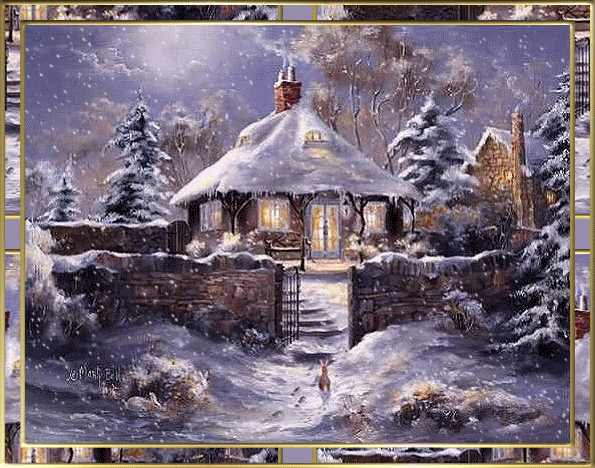 Grote kerstanimatie van een kersthuis - Kerstkaart met een huis in de sneeuw terwijl het sneeuwt