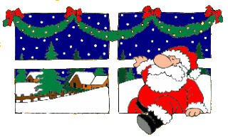 Middelgrote kerstanimatie van een kerstman - De Kerstman klimt door het raam naar binnen en buiten sneeuwt het