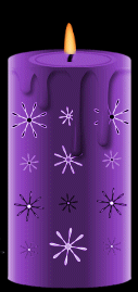 Kleine kerstanimatie van een kerstkaars - Brandende paarse kaars met daarop sneeuwkristallen
