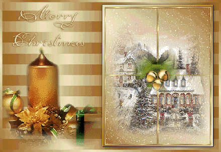 Grote kerstanimatie - Merry Christmas met een goudkleurige kaars en een venster met daarachter huizen in de sneeuw