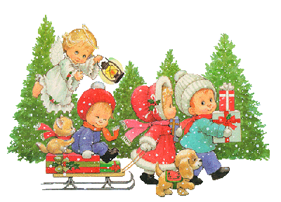 Grote kerstanimatie van een kerstkind - Kinderen met beren en kerstcadeaus op een slee en een engeltje dat hun pad verlicht