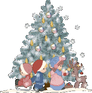 Kleine kerstanimatie van een kerstboom - Kinderen onder een boom met gele kerstverlichting