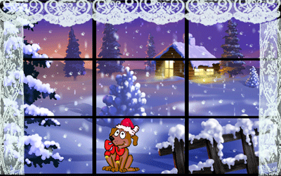 Middelgrote animatie van sneeuw - Hondje voor het raam met buiten een huis in de sneeuw
