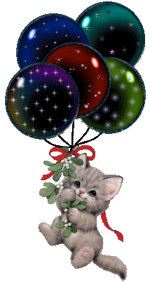 Middelgrote animatie van een kerstdier - Katje hangt aan vijf ballonnen