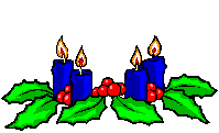 Kleine kerstanimatie van een kerstkaars - Drie brandende blauwe kaarsen met hulstbladeren en rode bessen