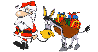 Middelgrote animatie van een kerstcadeau - De Kerstman loopt met een ezel die beladen is met kerstcadeaus