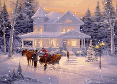 Grote kerstanimatie van een kersthuis - Huis in de sneeuw met daarvoor een slee met een paard ervoor