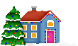 Mini kerstanimatie van een kersthuis - Blauw huis met rood dak en een besneeuwde kerstboom met gekleurde kerstverlichting
