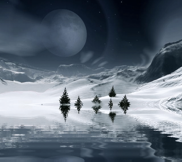 Grote animatie van stromend water - Bomen in de besneeuwde bergen aan water met golfjes en een grote maan in de lucht
