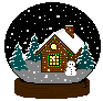 Mini animatie van een sneeuwglobe - Sneeuwglobe met een sneeuwpop voor een huis met ernaast drie sparrenbomen