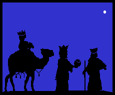 Kleine animatie van een kerststal - De wijzen uit het oosten volgen op hun kamelen de ster van Bethlehem