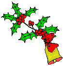 Mini kerstmis animatie van een kerstklok - Klingelende gele kerstbel aan een tak met hulstbladeren en rode bessen en een rode strik