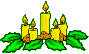 Mini kerstmis animatie van een kerstkaars - Vijf brandende gele kaarsen met hulstbladeren en rode bessen