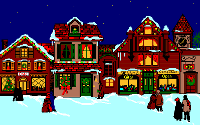 Middelgrote kerst animatie van een kersthuis - Happy Holidays met een straat met huizen in de sneeuw en kerstdecoratie