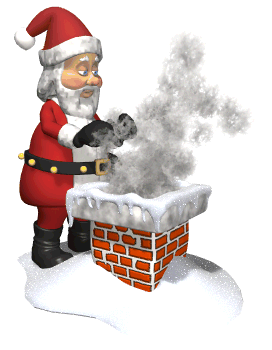 Middelgrote animatie van een schoorsteen - De Kerstman warmt zijn handen aan de rook die uit de schoorsteen komt