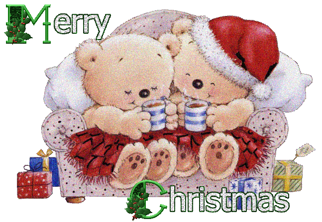 Grote kerstanimatie van een kerstdier - Merry Christmas met twee beren op de bank die koffie drinken