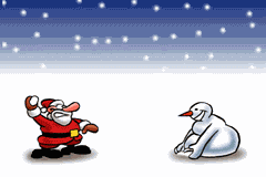 Kleine animatie van een sneeuwpop - De Kerstman en een sneeuwman zijn verwikkeld in een sneeuwballen gevecht