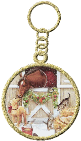 Kleine animatie van een sleutelhanger - Sleutelhanger met een paard in een paardenstal met kerstversiering