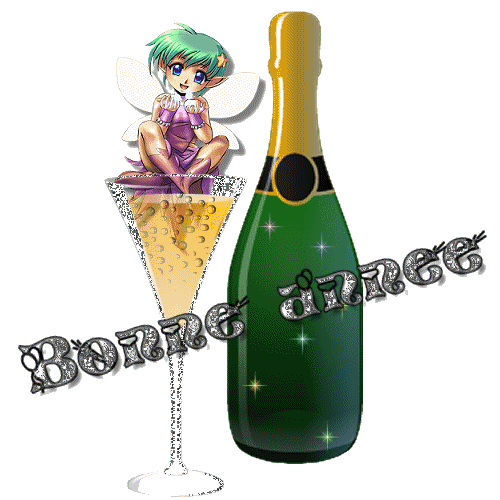 Grote kerst animatie van een kerstwens - Fles champagne met daarnaast een meisje in een glas champagne