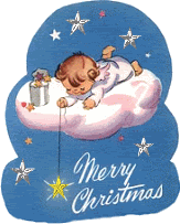Kleine animatie van een kerstwens - Merry Christmas met een meisje in de wolken dat een ster aan een touw vasthoudt