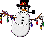 Mini animatie van een sneeuwpop - Sneeuwpop met zwarte hoed met een bloem erop met kerstverlichting aan de armen en een pijp in zijn mond