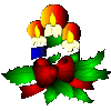 Mini kerstmis animatie van een kerstkaars - Drie brandende kaarsen, een blauwe en twee groene met hulstbladeren en een rode strik