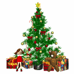 Kleine kerstanimatie van een kerstboom - Kerstboom met daarvoor een meisje en een beertje en veel kerstcadeaus