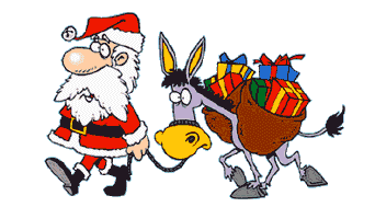 Middelgrote kerstanimatie van een kerstman - De Kerstman loopt met een ezel die beladen is met kerstcadeaus