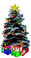 Kleine kerstanimatie van een kerstboom - Kerstboom met gekleurde kerstverlichting en daaronder veel kerstcadeaus en een gele kerstster als piek